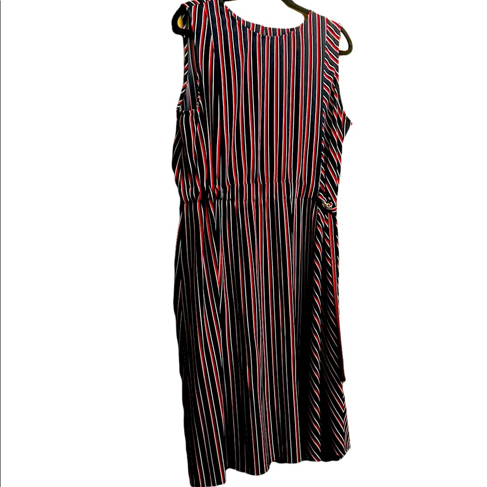 Red, white, and blue Tommy Hilfiger dress with gold embellishments.